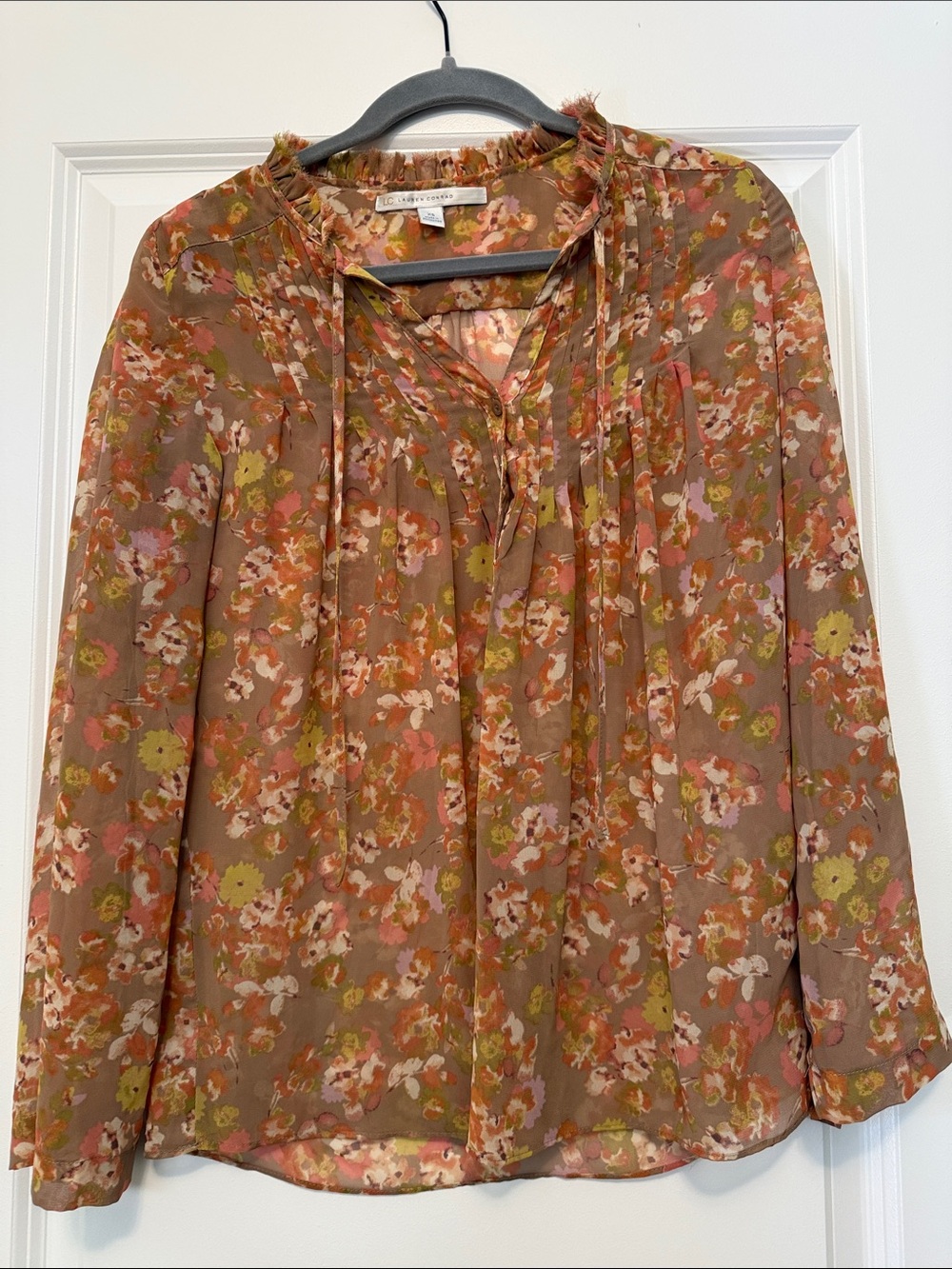 LC Lauren Conrad Brown Floral Ruffled V-Neck Blouse
